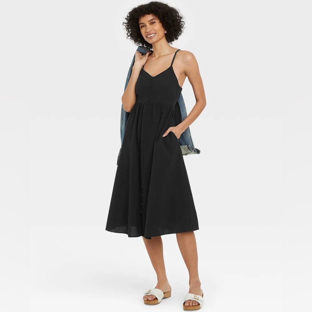 Black cotton linen tie back black midi sundress - universal thread